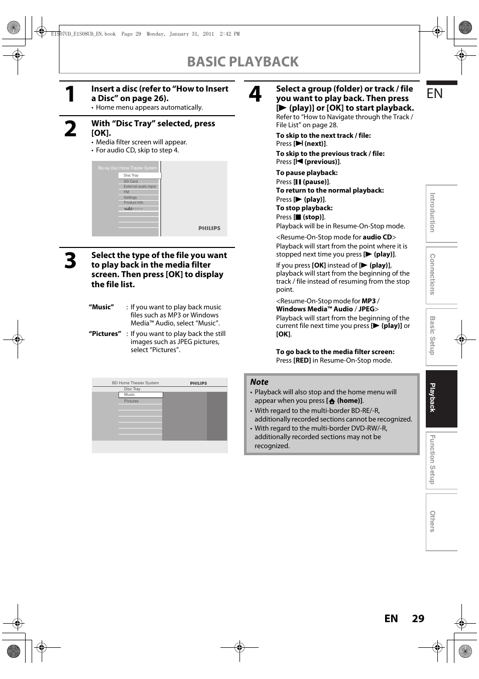 Basic playback | Philips HTS3051BV-F7 User Manual | Page 29 / 64
