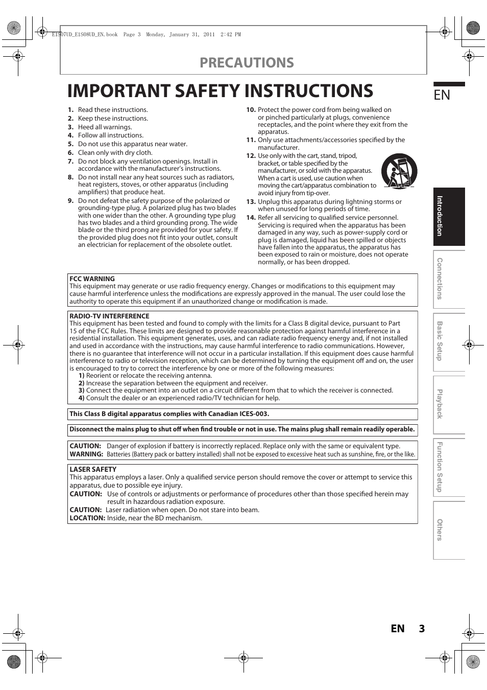 Important safety instructions, Precautions | Philips HTS3051BV-F7 User Manual | Page 3 / 64