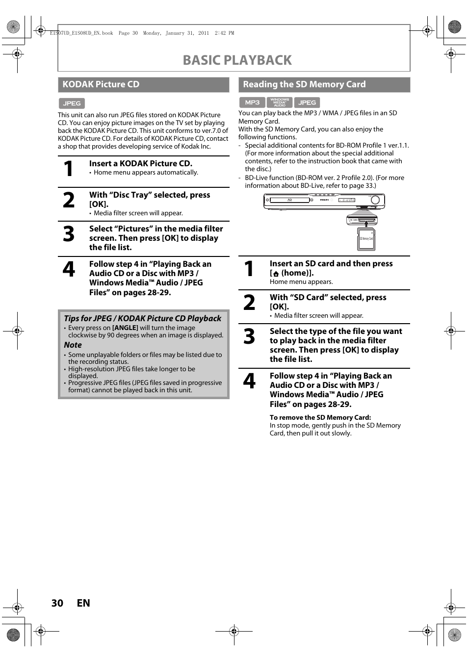 Kodak picture cd, Reading the sd memory card, Basic playback | Philips HTS3051BV-F7 User Manual | Page 30 / 64