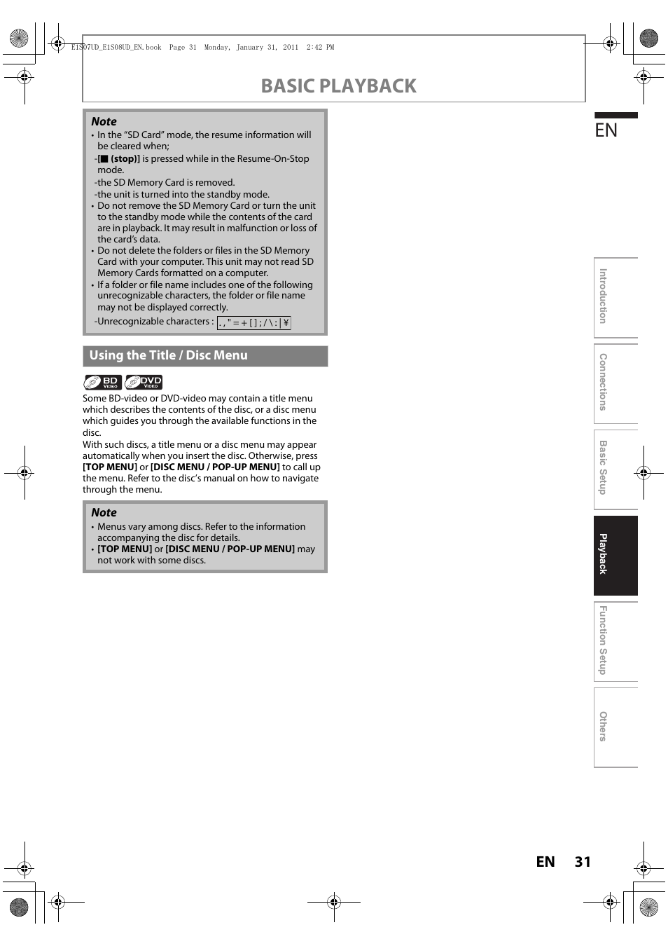 Using the title / disc menu, Basic playback | Philips HTS3051BV-F7 User Manual | Page 31 / 64