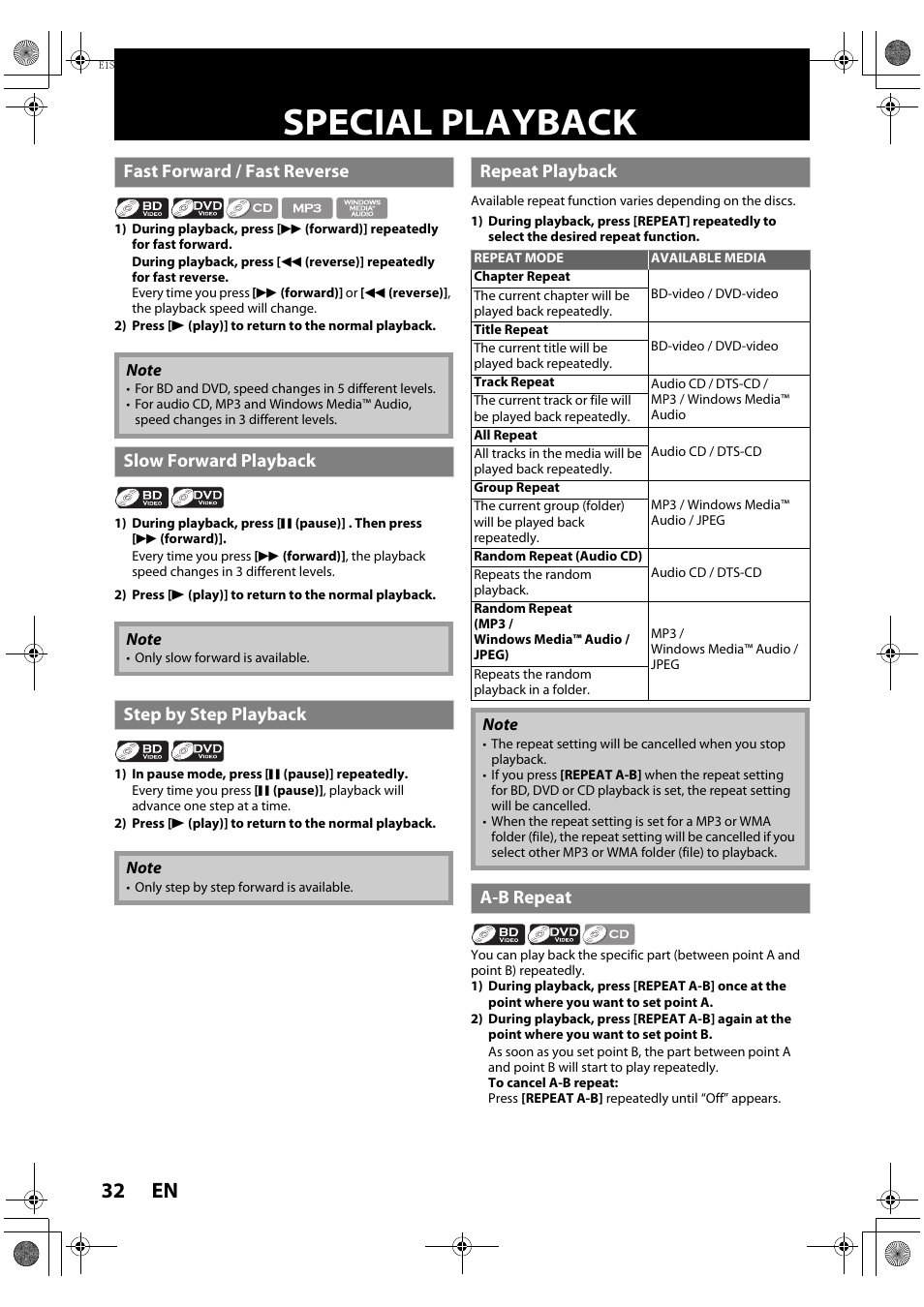 Special playback, Fast forward / fast reverse, Slow forward playback | Step by step playback, Repeat playback, A-b repeat, En 32 | Philips HTS3051BV-F7 User Manual | Page 32 / 64