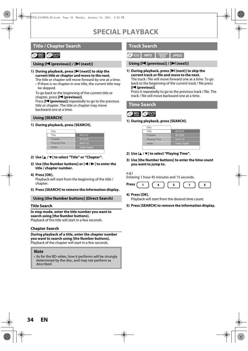 Title / chapter search, Track search, Time search | Special playback | Philips HTS3051BV-F7 User Manual | Page 34 / 64