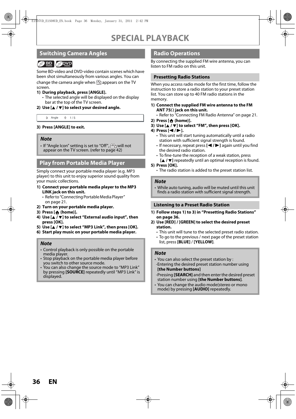 Switching camera angles, Play from portable media player, Radio operations | Special playback | Philips HTS3051BV-F7 User Manual | Page 36 / 64