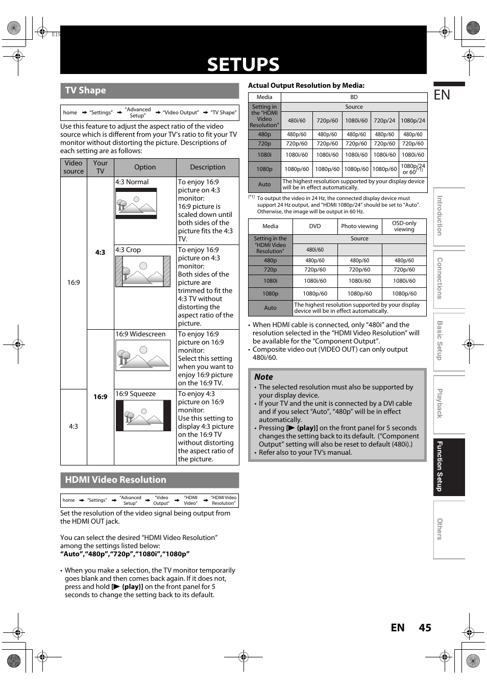 Setups, Tv shape, Hdmi video resolution | 45 en | Philips HTS3051BV-F7 User Manual | Page 45 / 64