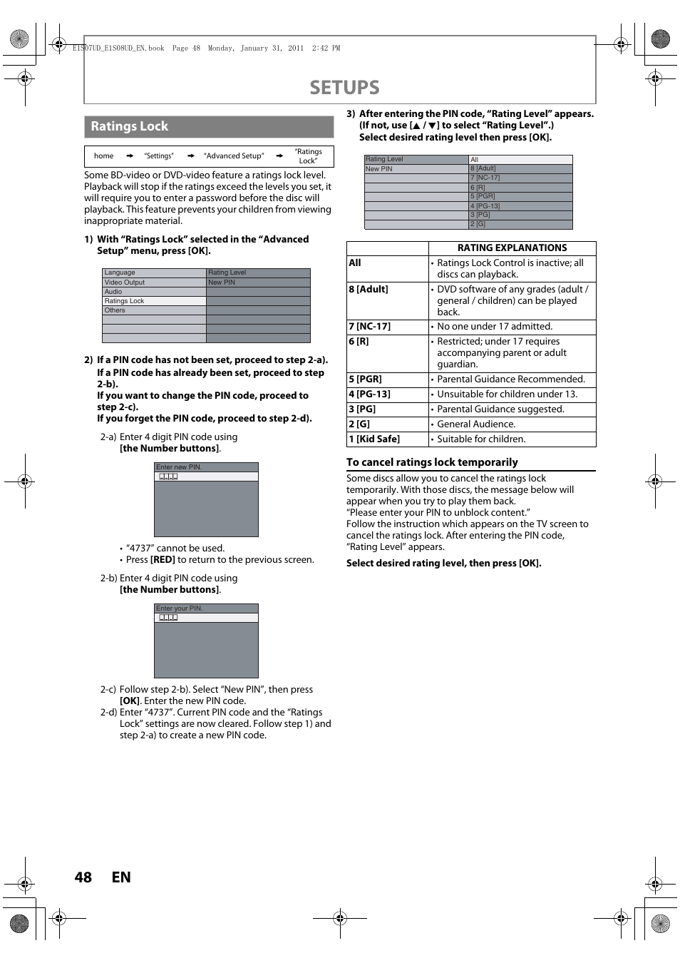 Ratings lock, Setups | Philips HTS3051BV-F7 User Manual | Page 48 / 64
