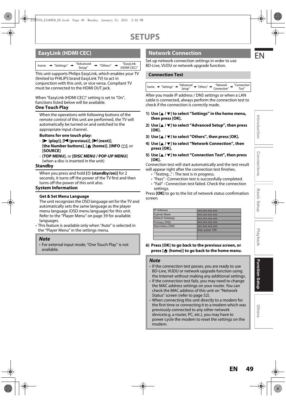 Easylink (hdmi cec), Network connection, Setups | Philips HTS3051BV-F7 User Manual | Page 49 / 64