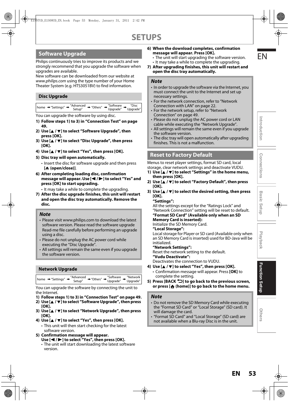 Software upgrade, Reset to factory default, Setups | Philips HTS3051BV-F7 User Manual | Page 53 / 64