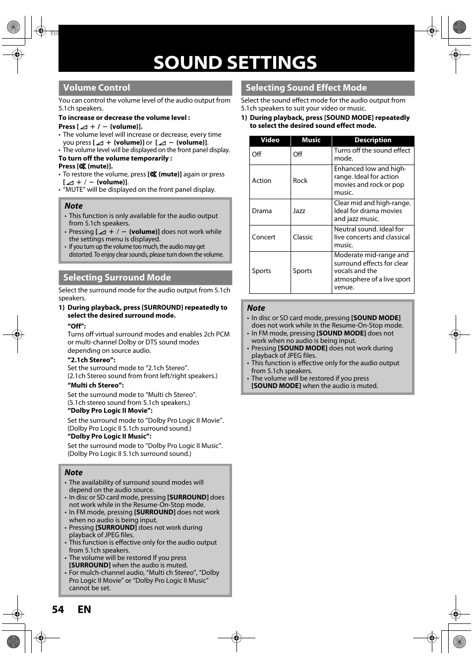 Sound settings, Volume control, Selecting surround mode | Selecting sound effect mode, En 54 | Philips HTS3051BV-F7 User Manual | Page 54 / 64