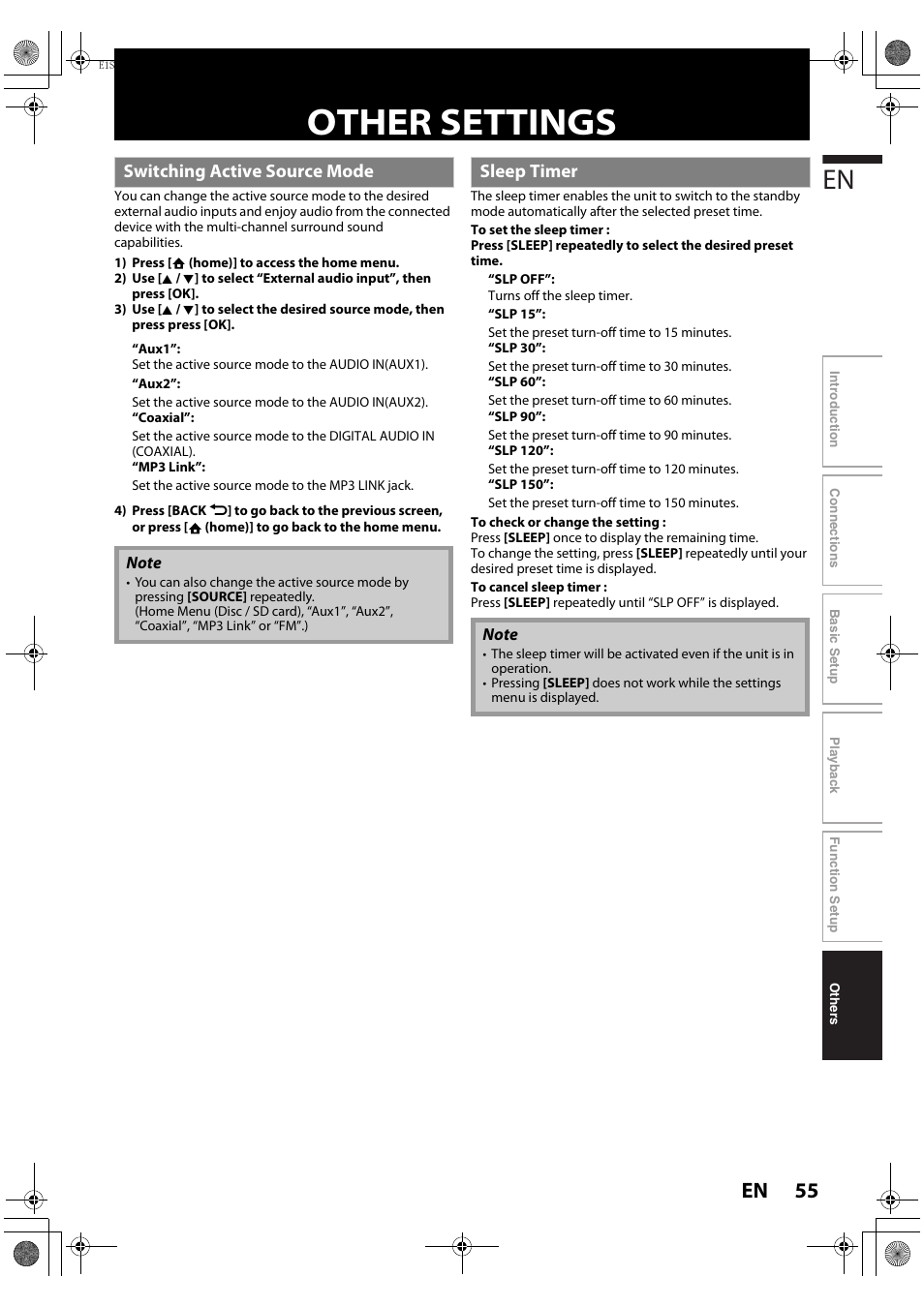 Other settings, Switching active source mode, Sleep timer | 55 en | Philips HTS3051BV-F7 User Manual | Page 55 / 64