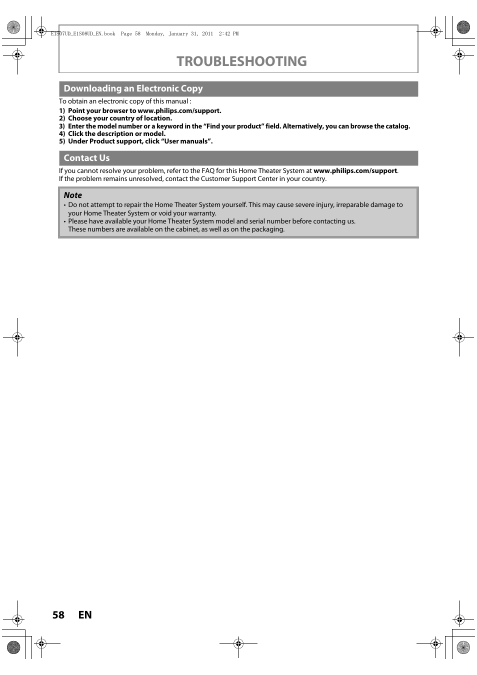 Downloading an electronic copy, Contact us, Troubleshooting | Philips HTS3051BV-F7 User Manual | Page 58 / 64
