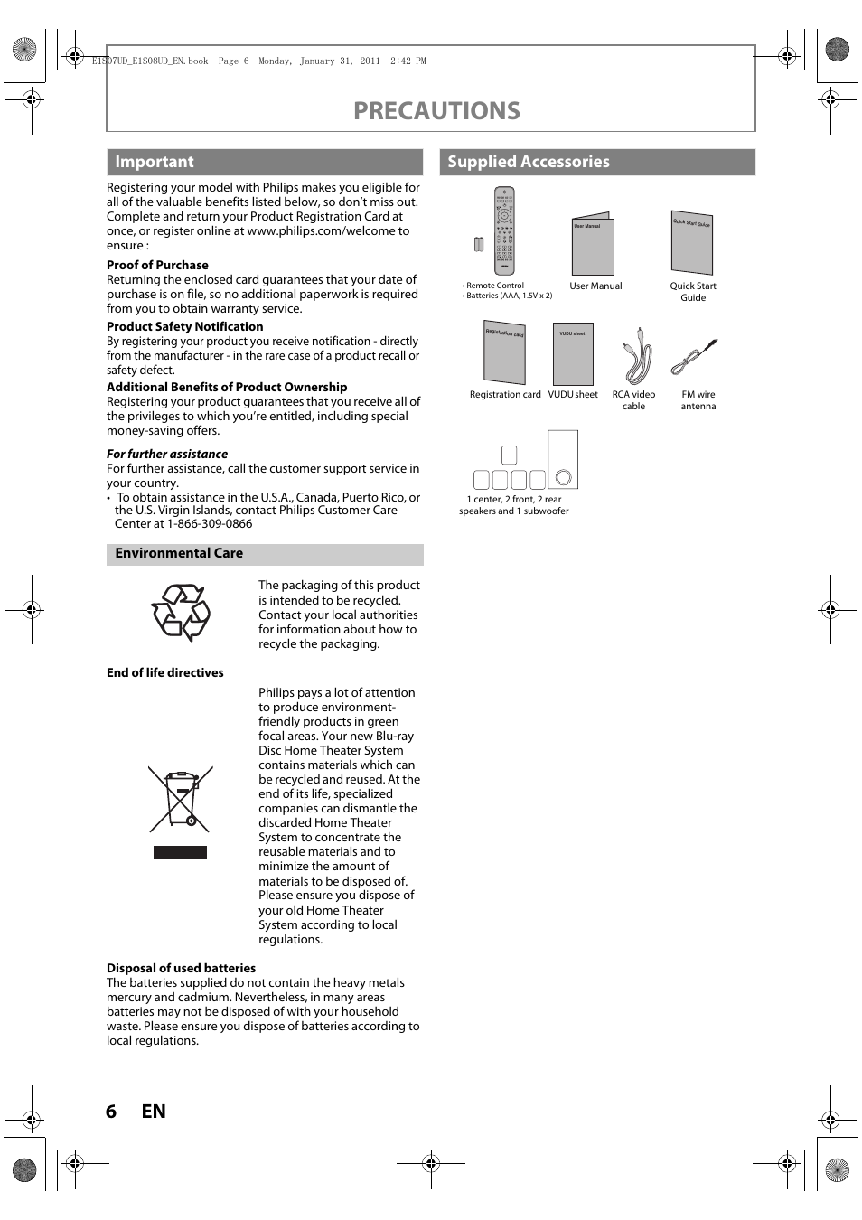 Important, Supplied accessories, Precautions | Philips HTS3051BV-F7 User Manual | Page 6 / 64