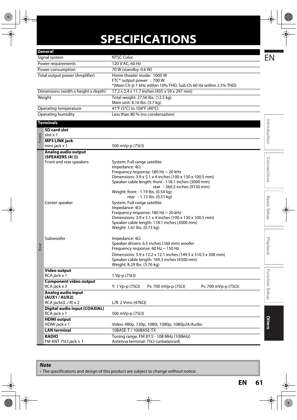 Specifications, 61 en | Philips HTS3051BV-F7 User Manual | Page 61 / 64