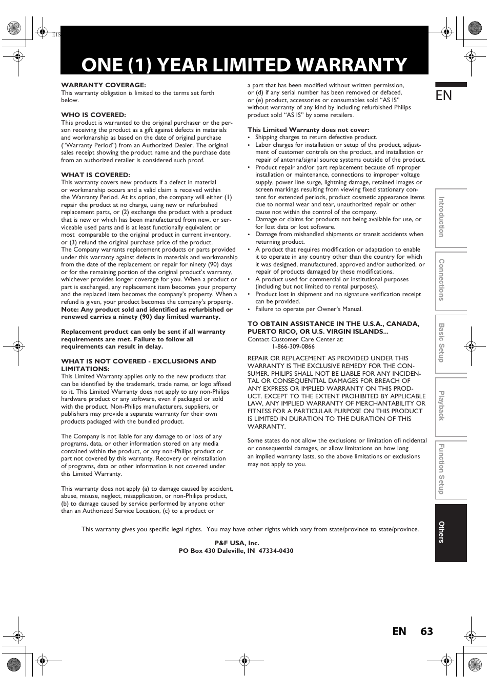 One (1) year limited warranty, 63 en | Philips HTS3051BV-F7 User Manual | Page 63 / 64