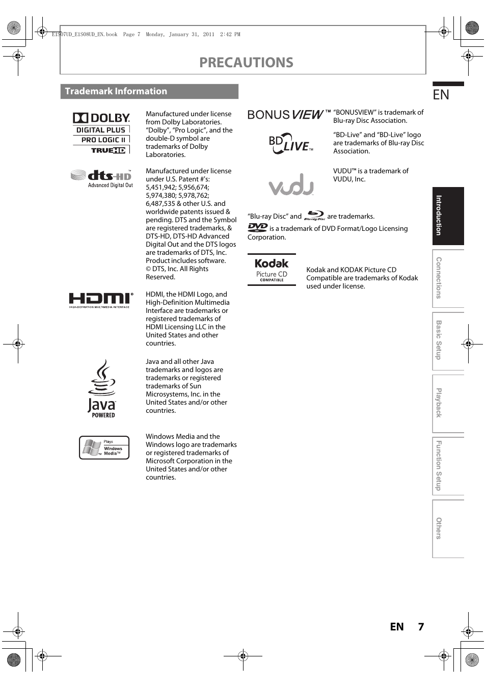 Trademark information, Precautions | Philips HTS3051BV-F7 User Manual | Page 7 / 64