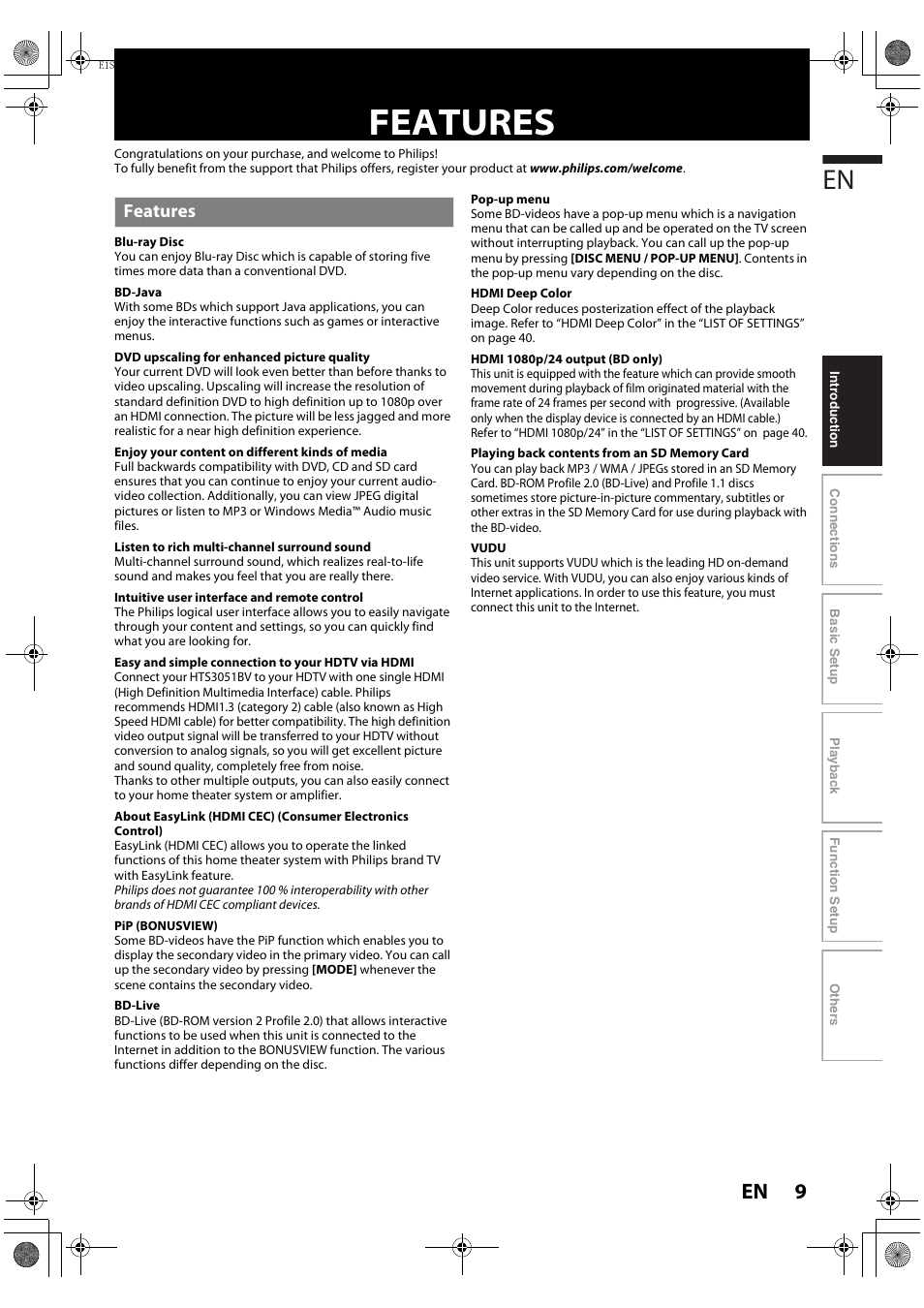 Features | Philips HTS3051BV-F7 User Manual | Page 9 / 64