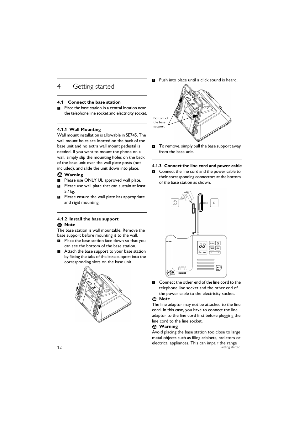 4 getting started, 1 connect the base station, 4getting started | Philips SE7452B-37 User Manual | Page 14 / 48