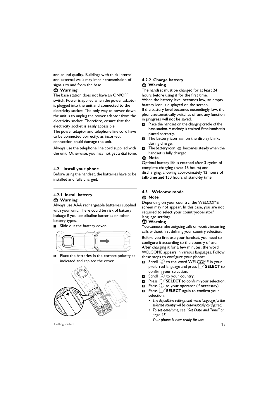 2 install your phone, 3 welcome mode | Philips SE7452B-37 User Manual | Page 15 / 48
