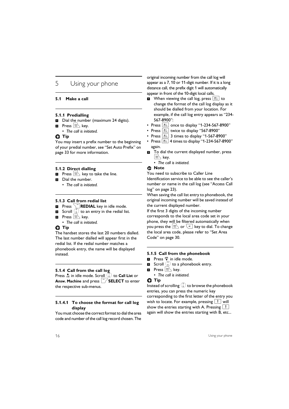 5 using your phone, 1 make a call, 5using your phone | Philips SE7452B-37 User Manual | Page 18 / 48