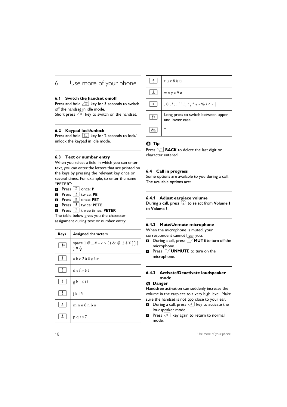 6 use more of your phone, 1 switch the handset on/off, 2 keypad lock/unlock | 3 text or number entry, 4 call in progress, 6use more of your phone | Philips SE7452B-37 User Manual | Page 20 / 48