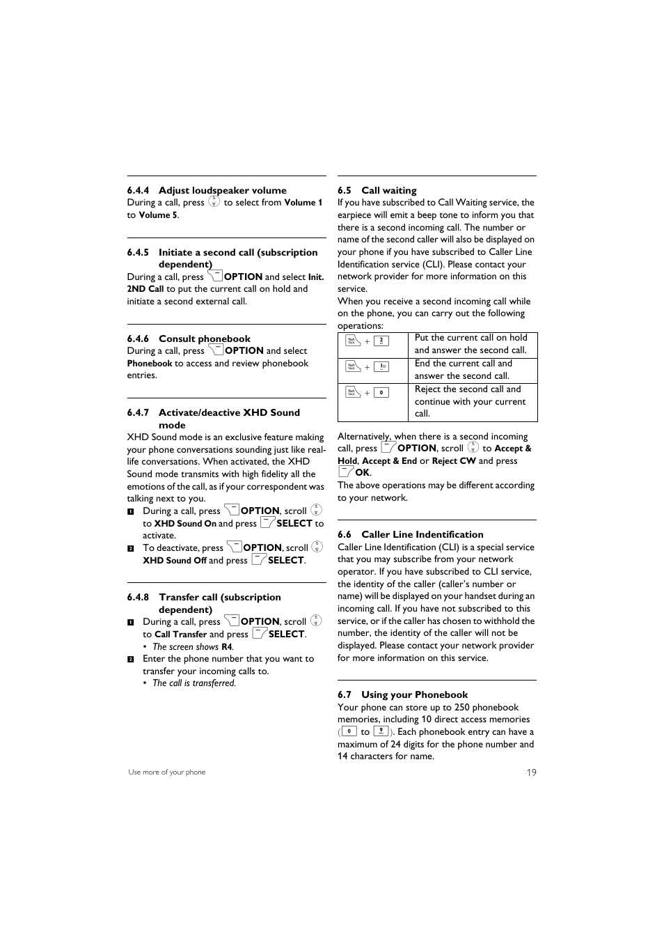 5 call waiting, 6 caller line indentification, 7 using your phonebook | Philips SE7452B-37 User Manual | Page 21 / 48