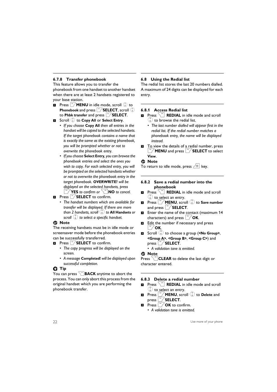 8 using the redial list | Philips SE7452B-37 User Manual | Page 24 / 48