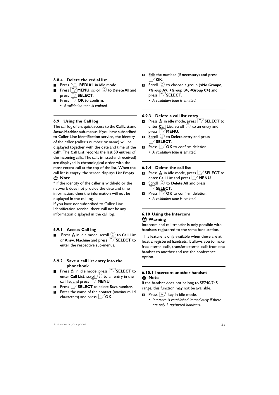 9 using the call log, 10 using the intercom | Philips SE7452B-37 User Manual | Page 25 / 48