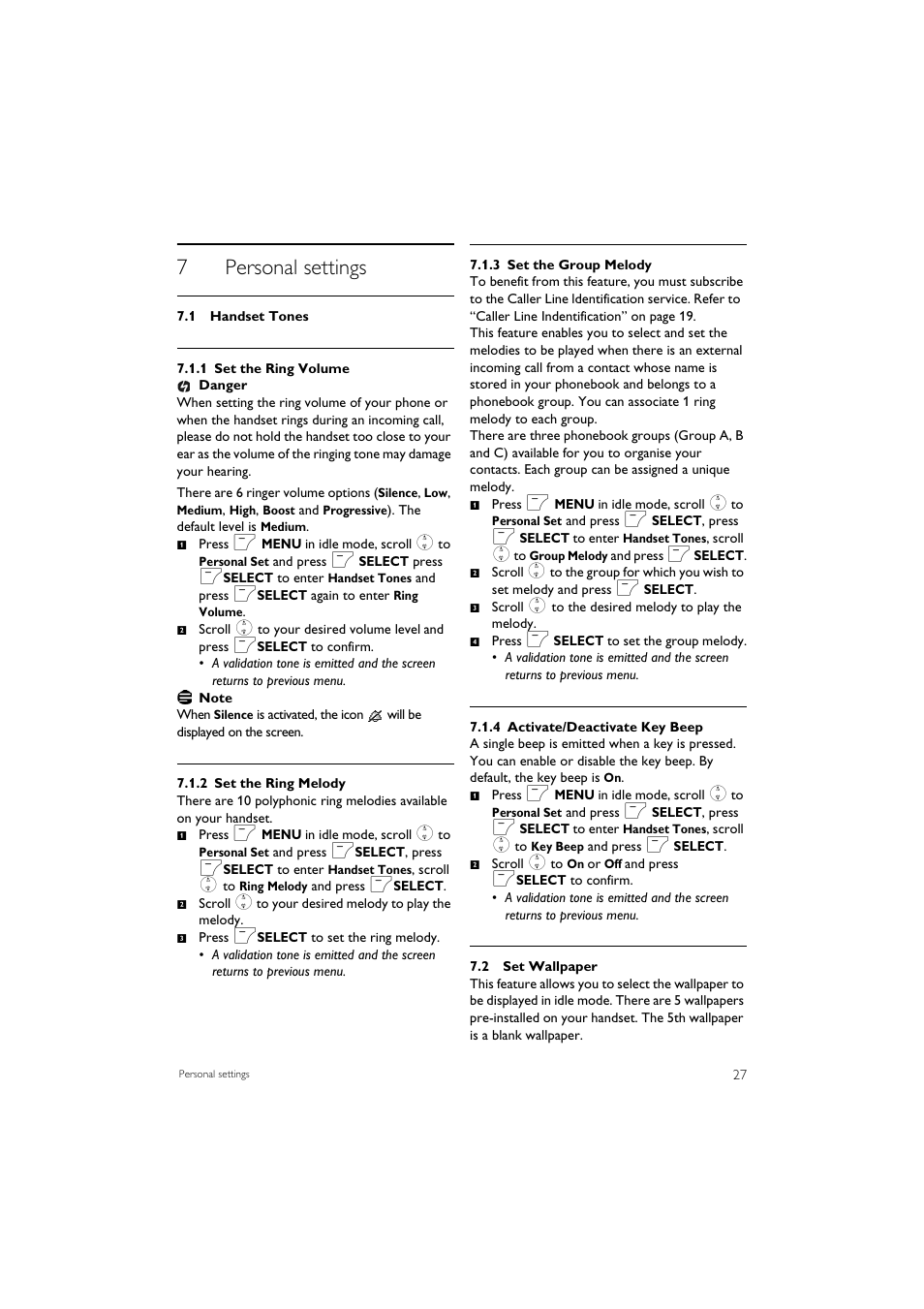 7 personal settings, 1 handset tones, 2 set wallpaper | 7personal settings | Philips SE7452B-37 User Manual | Page 29 / 48