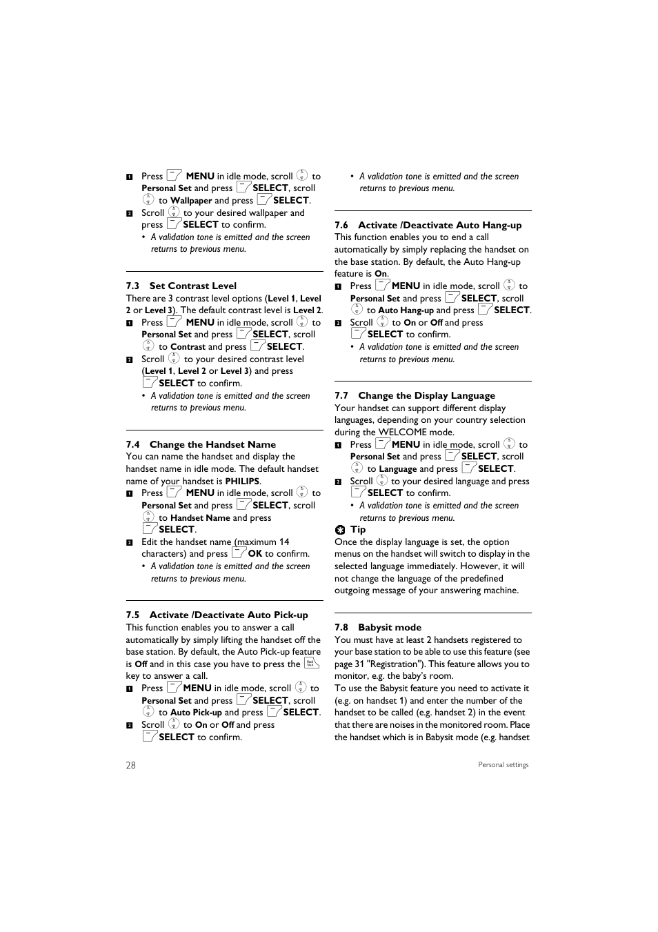 3 set contrast level, 4 change the handset name, 5 activate /deactivate auto pick-up | 6 activate /deactivate auto hang-up, 7 change the display language, 8 babysit mode, See “activate, Activated (see “activate | Philips SE7452B-37 User Manual | Page 30 / 48