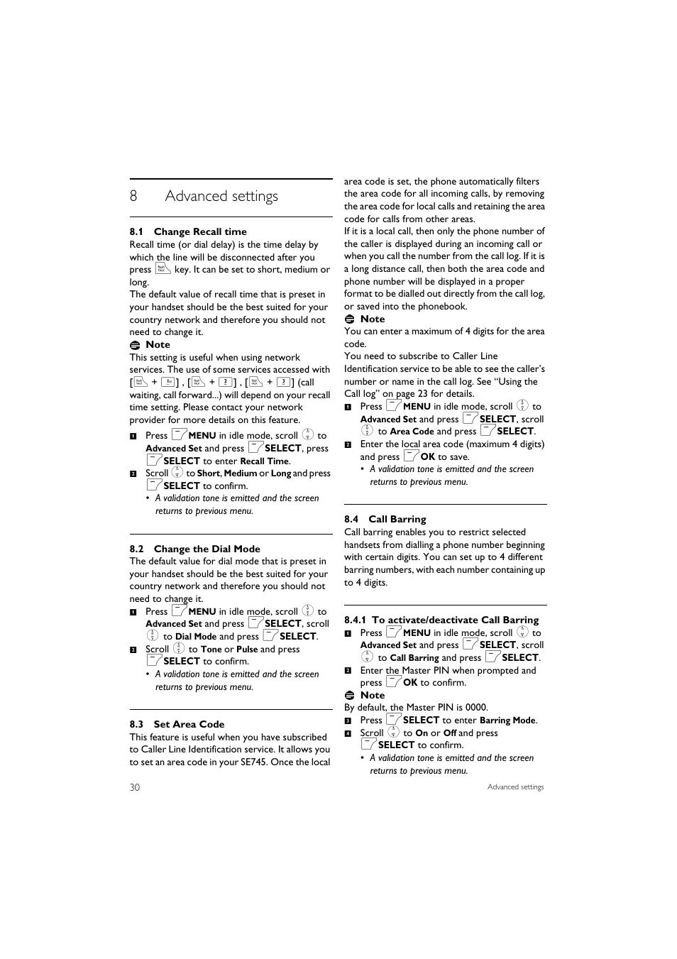 8 advanced settings, 1 change recall time, 2 change the dial mode | 3 set area code, 4 call barring, 8advanced settings | Philips SE7452B-37 User Manual | Page 32 / 48