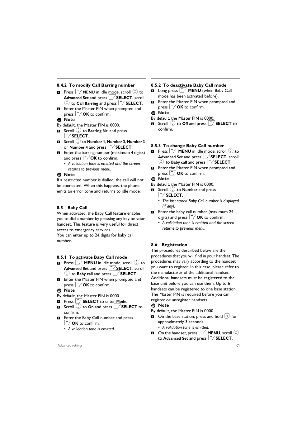 5 baby call, 6 registration | Philips SE7452B-37 User Manual | Page 33 / 48