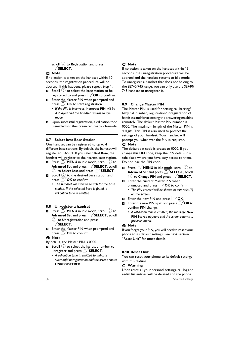 7 select best base station, 8 unregister a handset, 9 change master pin | 10 reset unit | Philips SE7452B-37 User Manual | Page 34 / 48