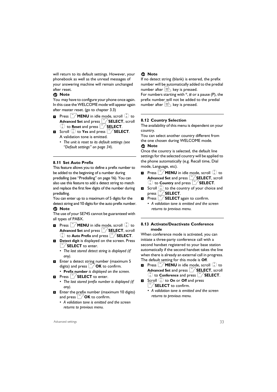 11 set auto prefix, 12 country selection, 13 activate/deactivate conference mode | Philips SE7452B-37 User Manual | Page 35 / 48