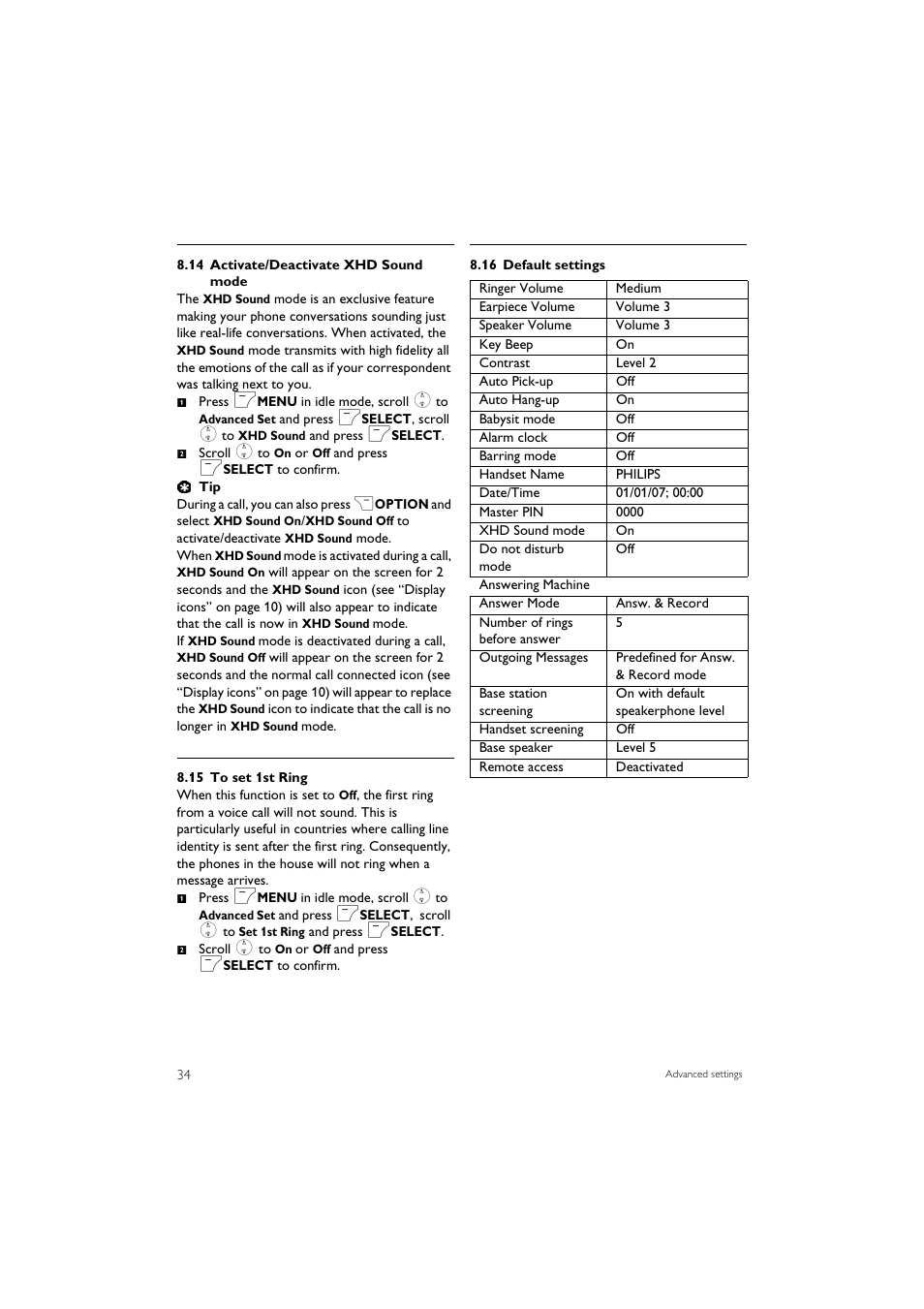 14 activate/deactivate xhd sound mode, 15 to set 1st ring, 16 default settings | Philips SE7452B-37 User Manual | Page 36 / 48