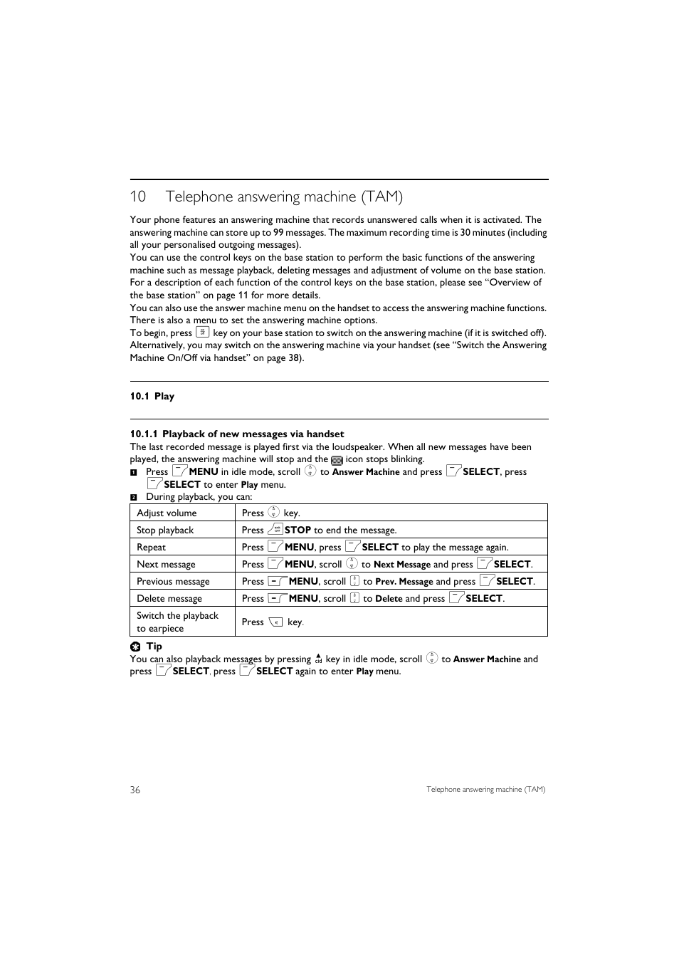 10 telephone answering machine (tam), 1 play | Philips SE7452B-37 User Manual | Page 38 / 48