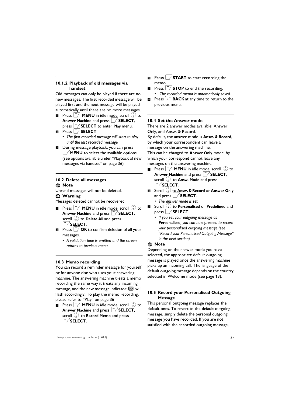 2 delete all messages, 3 memo recording, 4 set the answer mode | 5 record your personalised outgoing message | Philips SE7452B-37 User Manual | Page 39 / 48