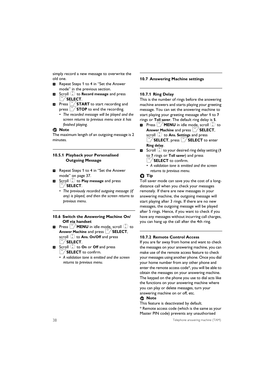 6 switch the answering machine on/ off via handset, 7 answering machine settings | Philips SE7452B-37 User Manual | Page 40 / 48