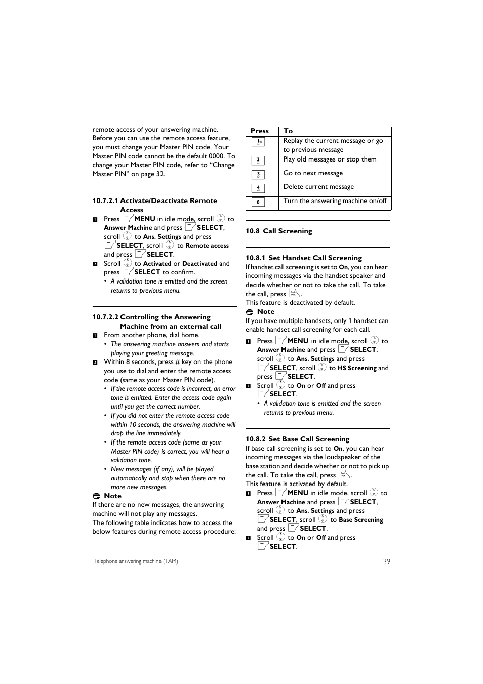 8 call screening | Philips SE7452B-37 User Manual | Page 41 / 48