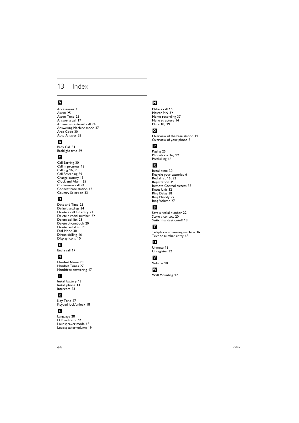 13 index | Philips SE7452B-37 User Manual | Page 46 / 48