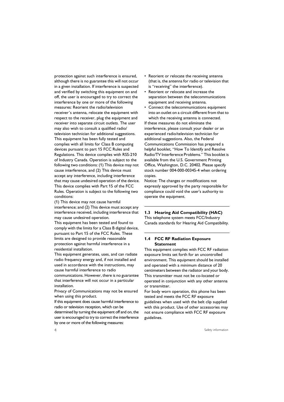 3 hearing aid compatibility (hac), 4 fcc rf radiation exposure statement | Philips SE7452B-37 User Manual | Page 6 / 48