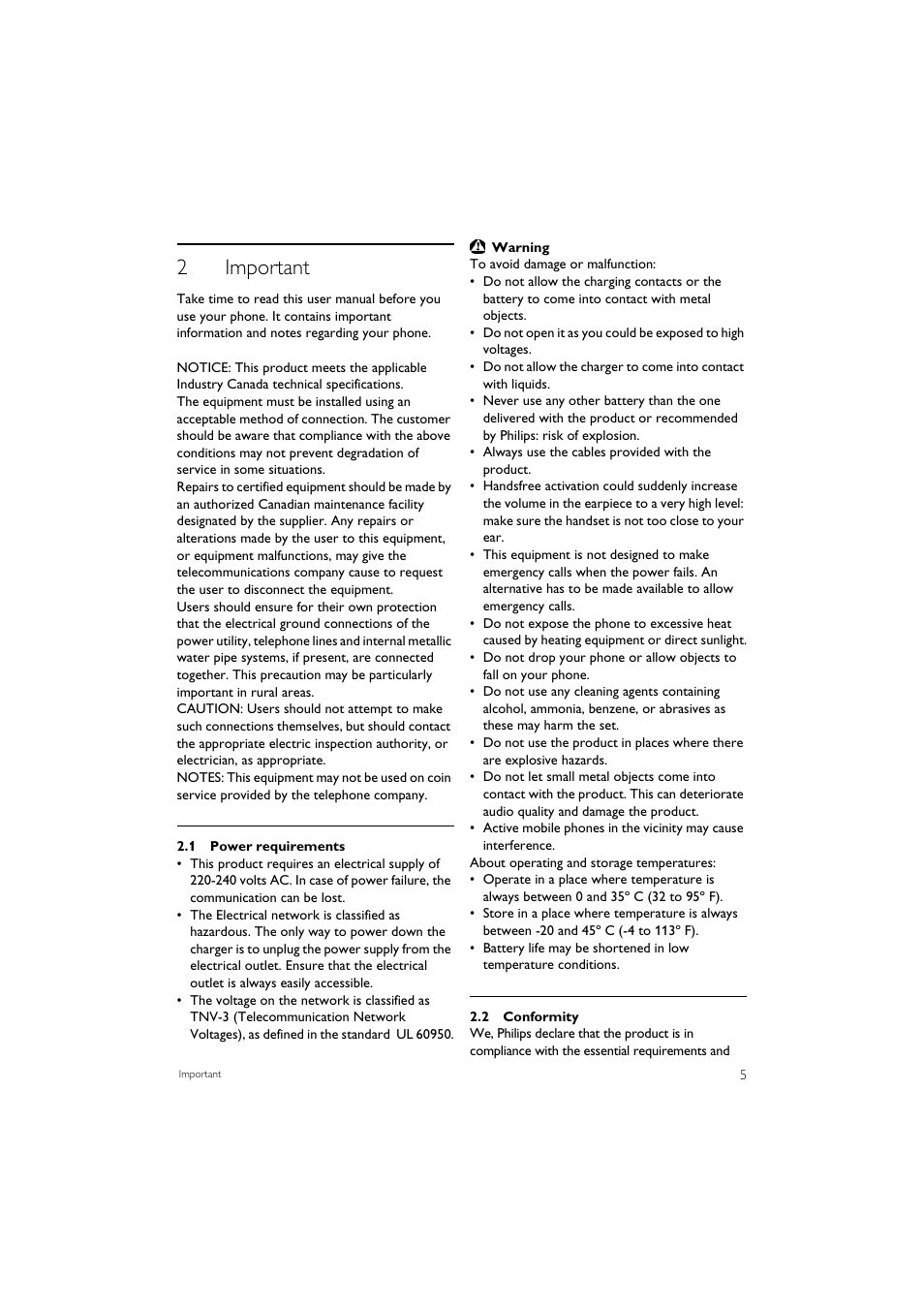 2 important, 1 power requirements, 2 conformity | 2important | Philips SE7452B-37 User Manual | Page 7 / 48
