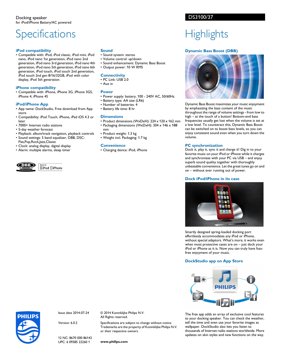 Specifications, Highlights | Philips DS3100-37 User Manual | Page 2 / 2