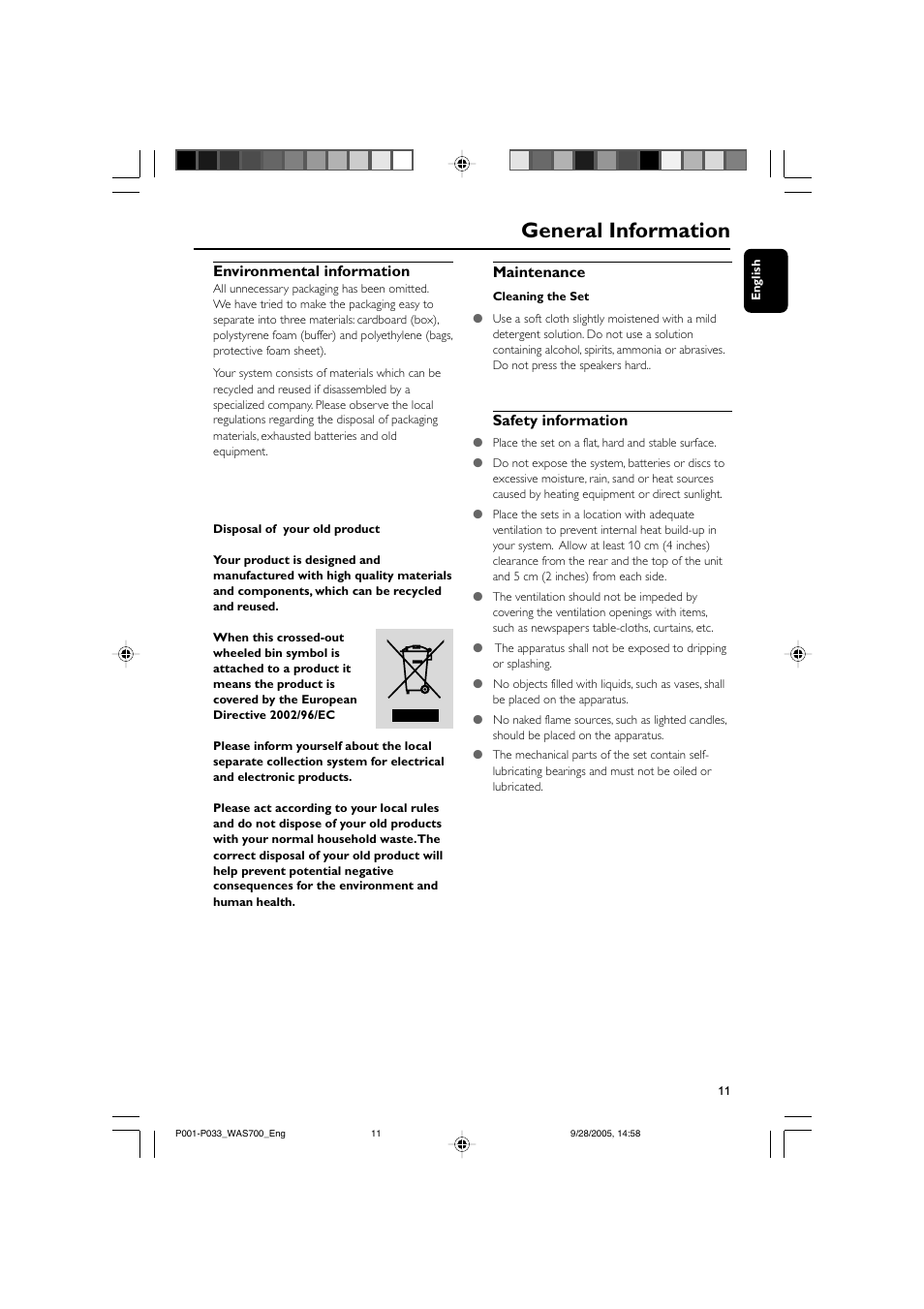 General information, Environmental information, Maintenance | Safety information | Philips WAS700-37 User Manual | Page 11 / 35