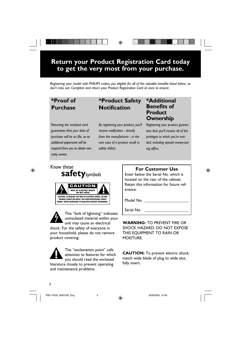 Safety, Proof of purchase, Product safety notification | Additional benefits of product ownership | Philips WAS700-37 User Manual | Page 2 / 35