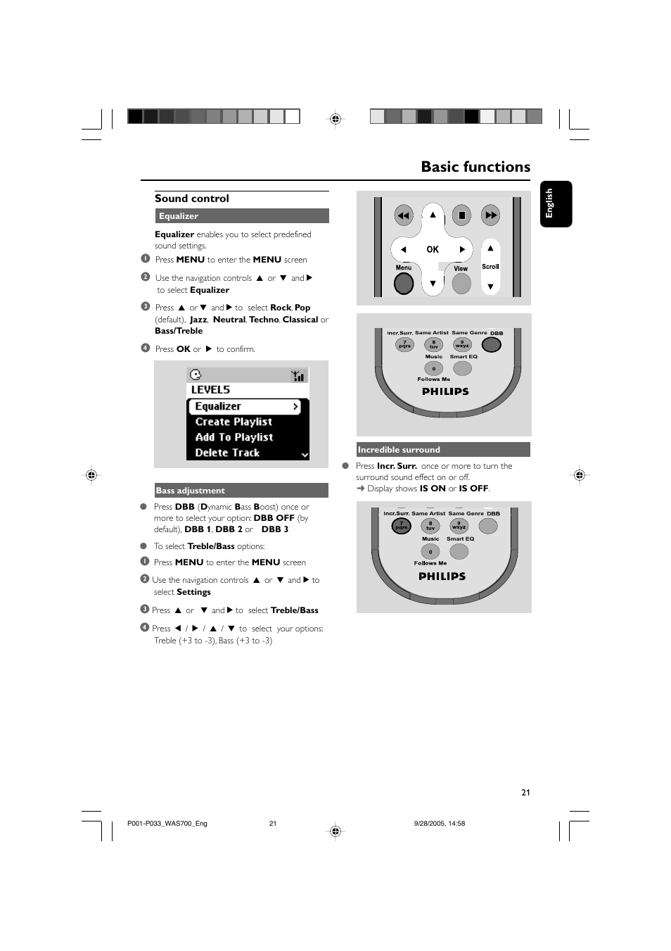 Basic functions, Sound control | Philips WAS700-37 User Manual | Page 21 / 35