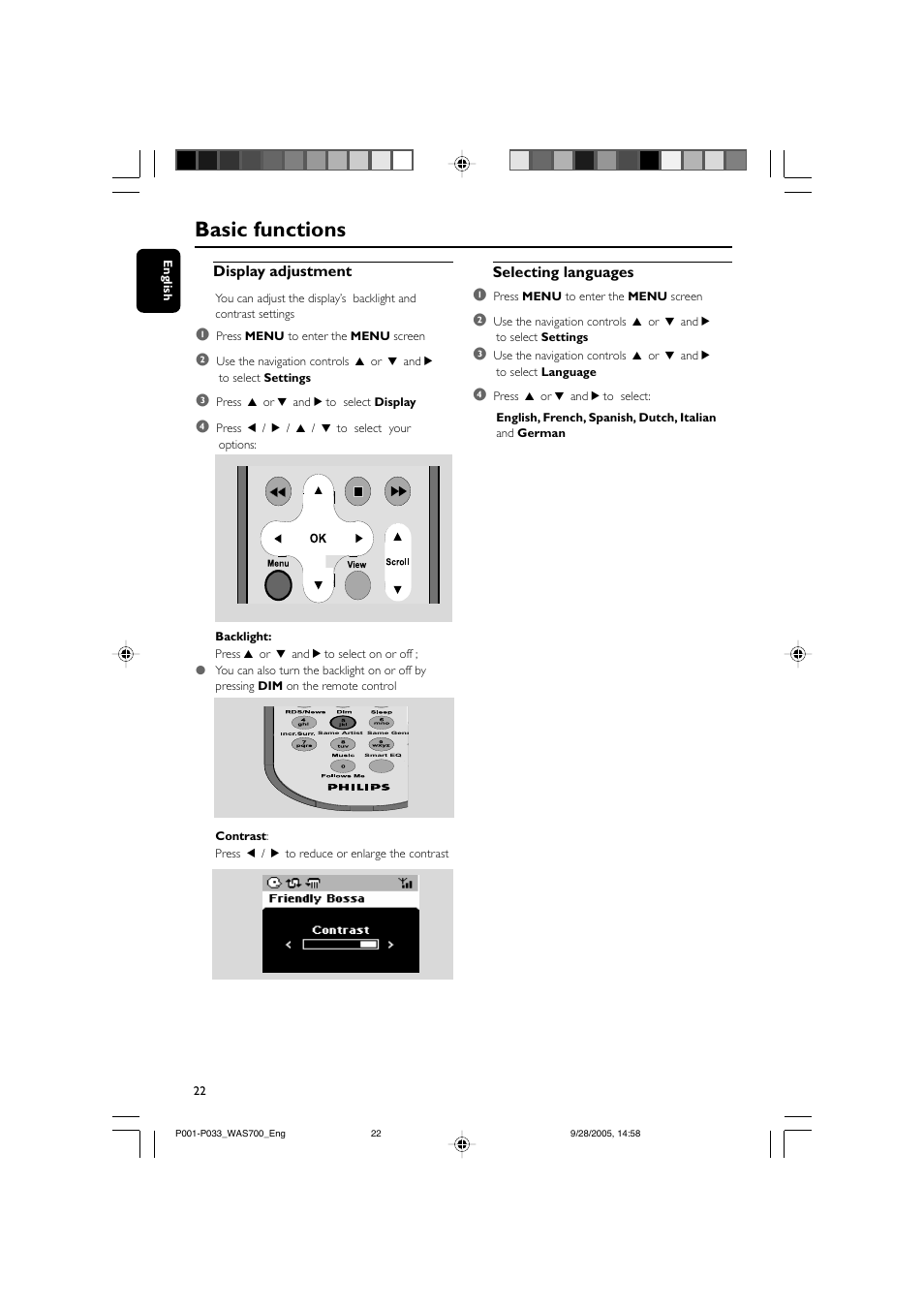 Basic functions, Display adjustment, Selecting languages 1 | Philips WAS700-37 User Manual | Page 22 / 35