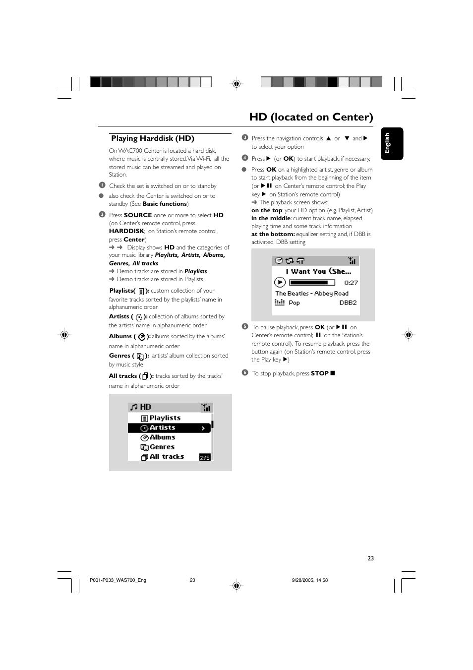 Hd (located on center), Playing harddisk (hd) | Philips WAS700-37 User Manual | Page 23 / 35