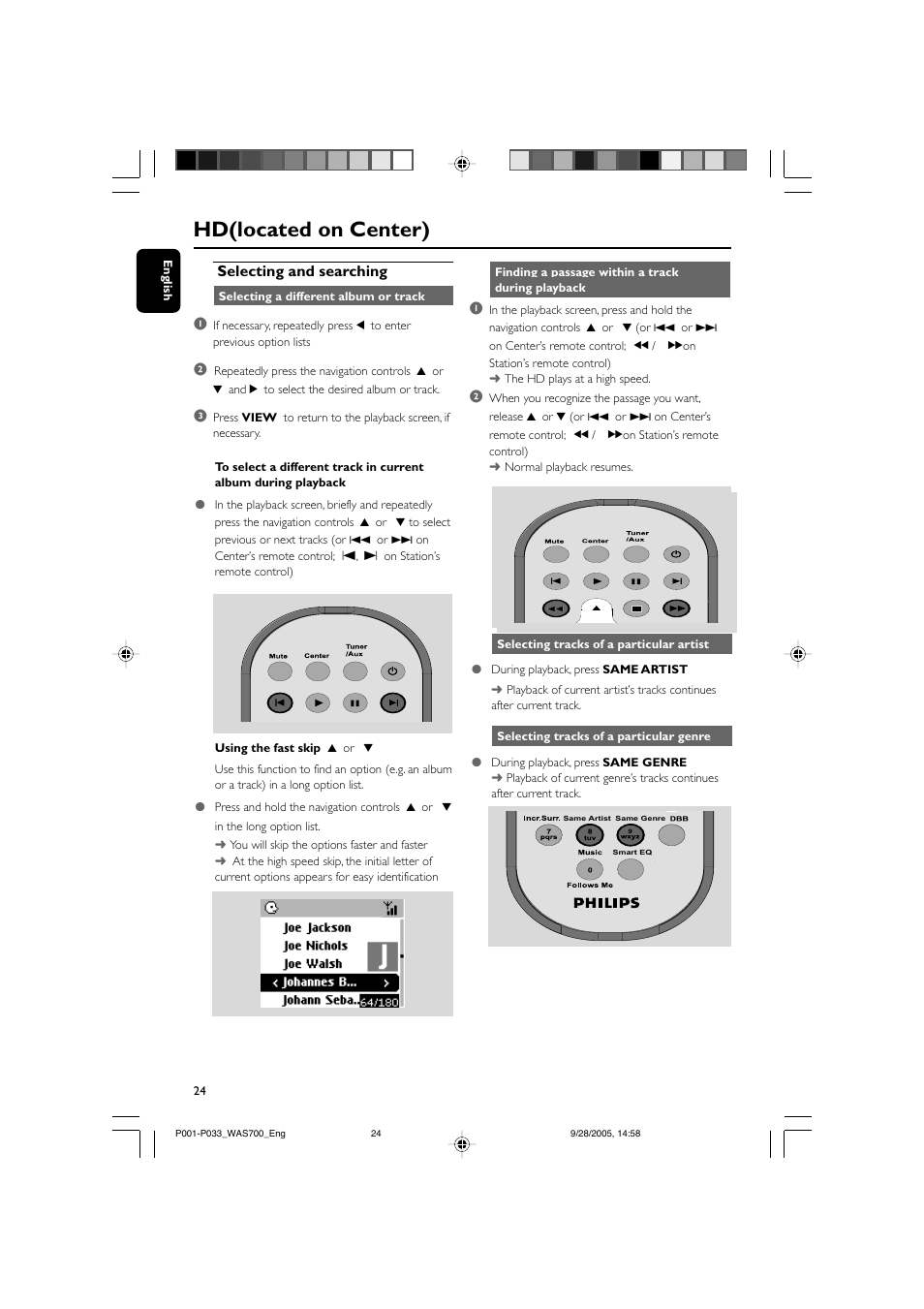 Hd(located on center), Selecting and searching | Philips WAS700-37 User Manual | Page 24 / 35