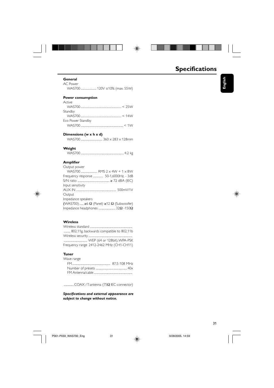 Specifications | Philips WAS700-37 User Manual | Page 31 / 35