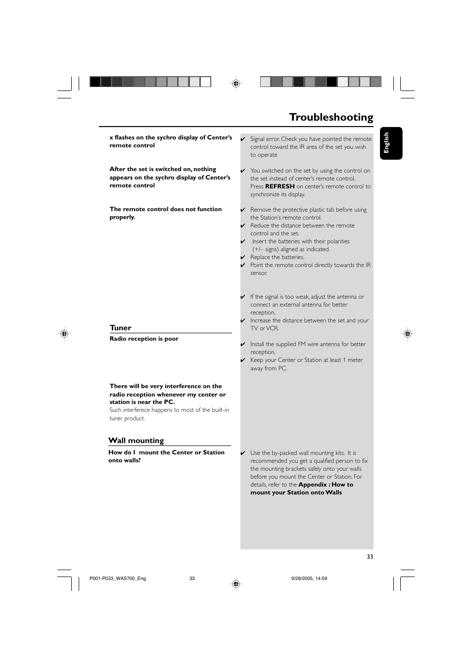 Troubleshooting, Tuner, Wall mounting | Philips WAS700-37 User Manual | Page 33 / 35