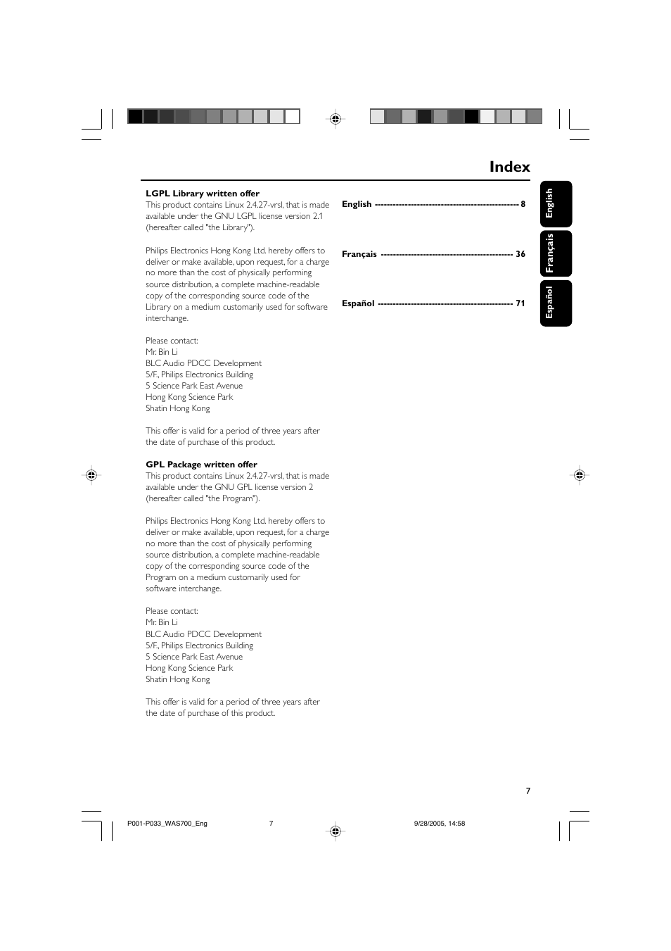 Index | Philips WAS700-37 User Manual | Page 7 / 35